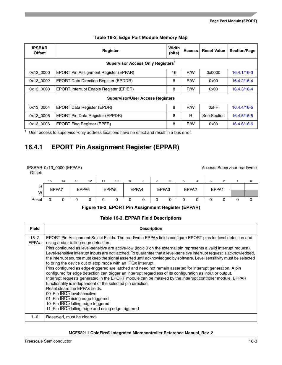 1 eport pin assignment register (eppar), 1 eport pin assignment register (eppar) -3, P and register structure. refer to | Table 16-2, For a description of | Freescale Semiconductor ColdFire MCF52210 User Manual | Page 271 / 576