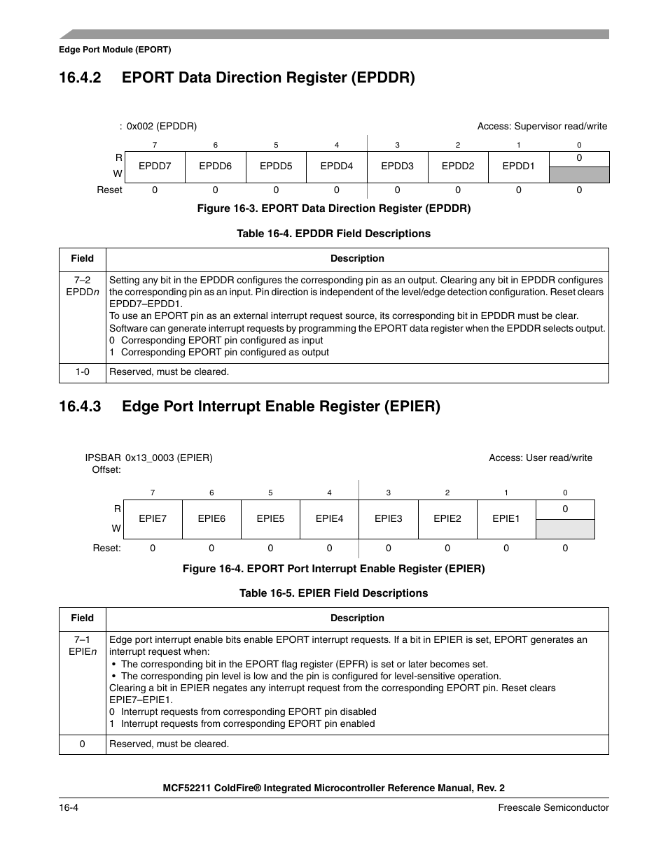 2 eport data direction register (epddr), 3 edge port interrupt enable register (epier) | Freescale Semiconductor ColdFire MCF52210 User Manual | Page 272 / 576