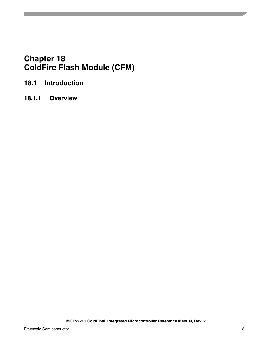Chapter 18 coldfire flash module (cfm), 1 introduction, 1 overview | Chapter 18, Coldfire flash module (cfm), 1 introduction -1, 1 overview -1 | Freescale Semiconductor ColdFire MCF52210 User Manual | Page 291 / 576