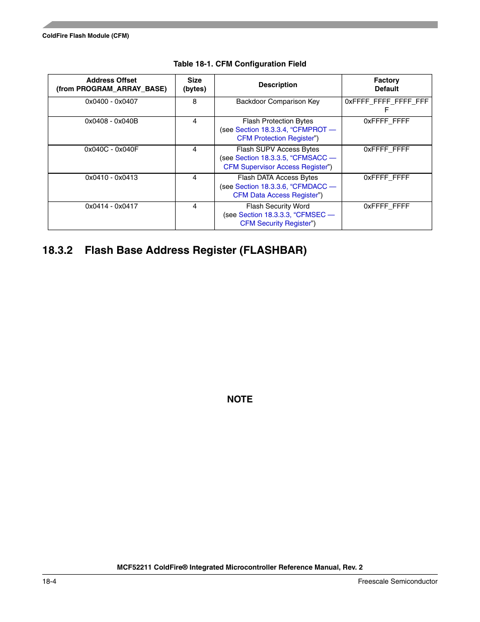 2 flash base address register (flashbar), 2 flash base address register (flashbar) -4, Section 18.3.2 | Flash base address register (flashbar) | Freescale Semiconductor ColdFire MCF52210 User Manual | Page 294 / 576