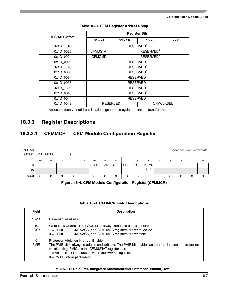 3 register descriptions, 3 register descriptions -7, 1 cfmmcr — cfm module configuration register | Freescale Semiconductor ColdFire MCF52210 User Manual | Page 297 / 576