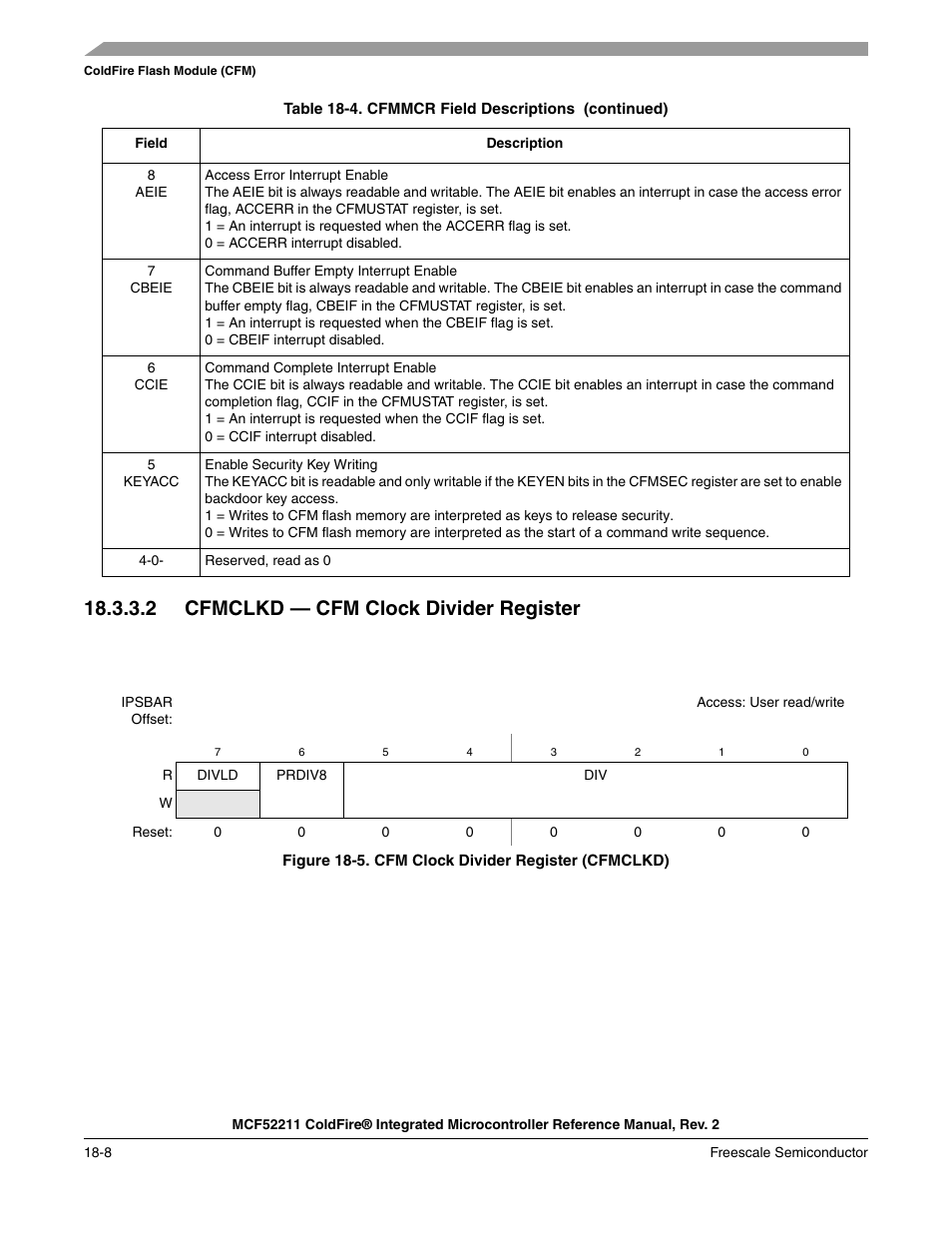 2 cfmclkd — cfm clock divider register | Freescale Semiconductor ColdFire MCF52210 User Manual | Page 298 / 576