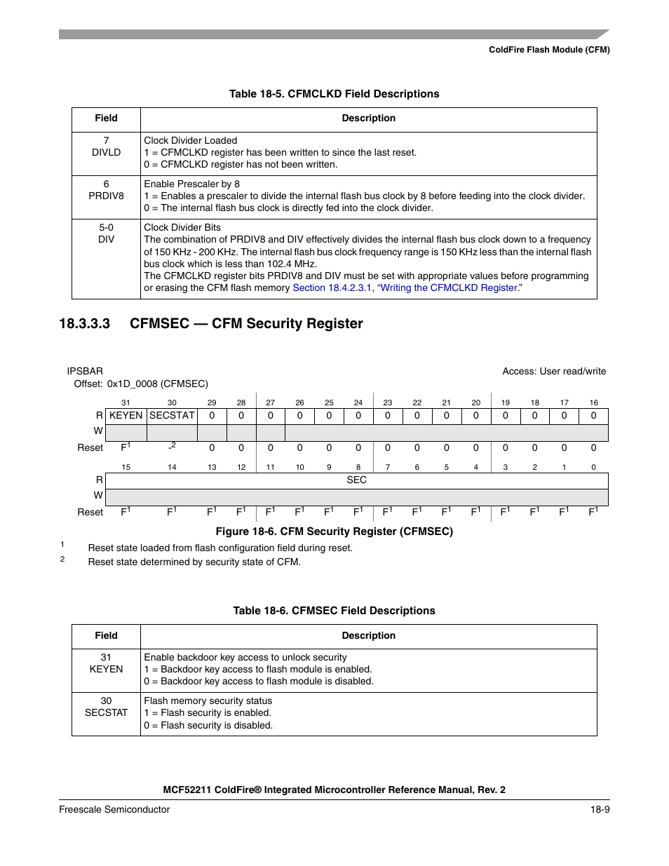 Section 18.3.3.3, “cfmsec, Cfm security register, 3 cfmsec — cfm security register | Freescale Semiconductor ColdFire MCF52210 User Manual | Page 299 / 576