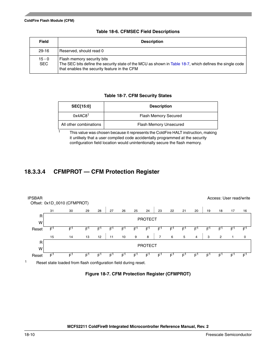 Section 18.3.3.4, “cfmprot, Cfm protection register, 4 cfmprot — cfm protection register | Freescale Semiconductor ColdFire MCF52210 User Manual | Page 300 / 576
