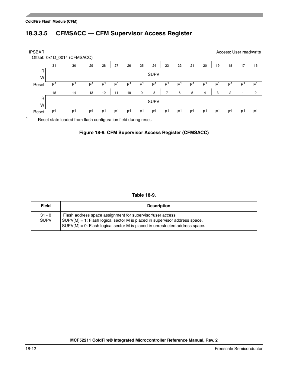 Section 18.3.3.5, “cfmsacc, Cfm supervisor access register, 5 cfmsacc — cfm supervisor access register | Freescale Semiconductor ColdFire MCF52210 User Manual | Page 302 / 576