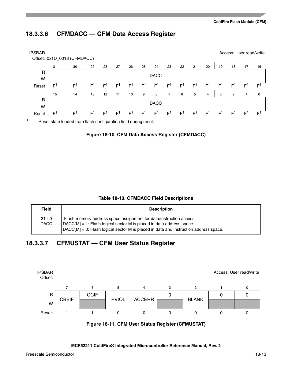 Section 18.3.3.6, “cfmdacc, Cfm data access register, 6 cfmdacc — cfm data access register | 7 cfmustat — cfm user status register | Freescale Semiconductor ColdFire MCF52210 User Manual | Page 303 / 576
