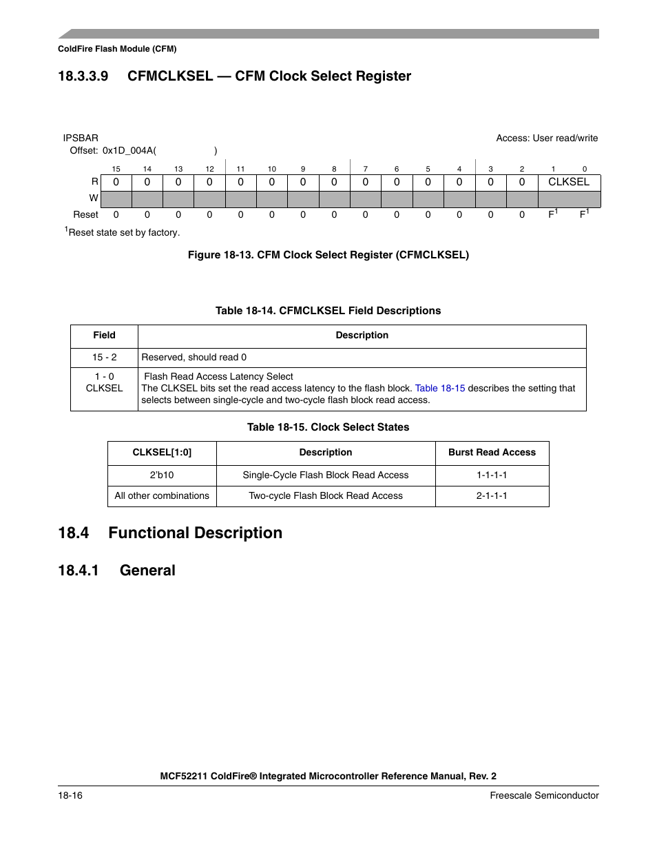 4 functional description, 1 general, 4 functional description -16 | 1 general -16, 9 cfmclksel — cfm clock select register | Freescale Semiconductor ColdFire MCF52210 User Manual | Page 306 / 576