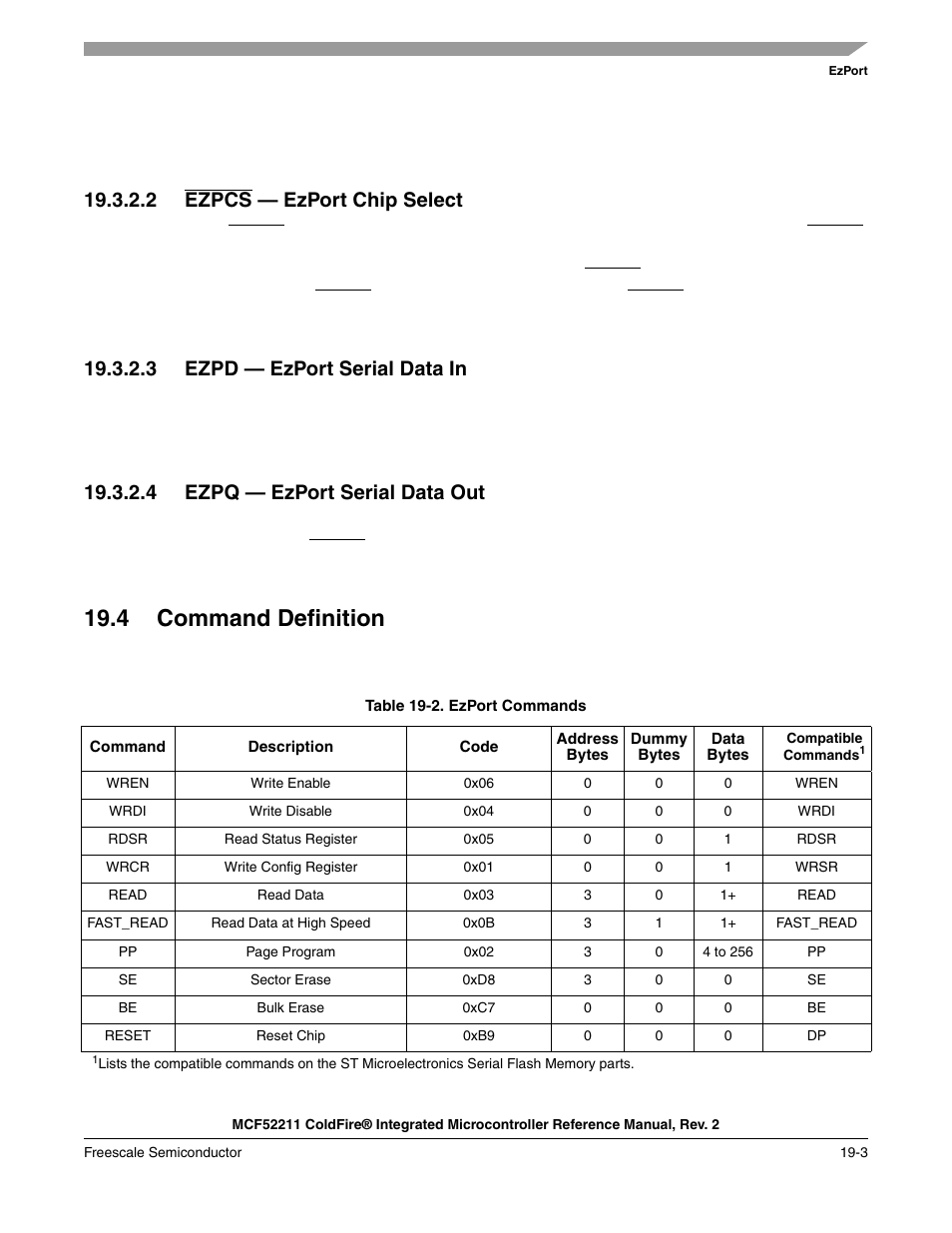 4 command definition, 4 command definition -3, 2 ezpcs — ezport chip select | 3 ezpd — ezport serial data in, 4 ezpq — ezport serial data out | Freescale Semiconductor ColdFire MCF52210 User Manual | Page 325 / 576
