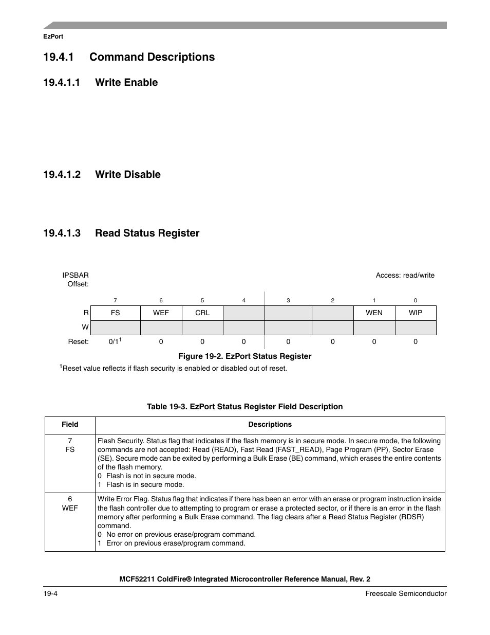 1 command descriptions, 1 command descriptions -4, 1 write enable | 2 write disable, 3 read status register | Freescale Semiconductor ColdFire MCF52210 User Manual | Page 326 / 576