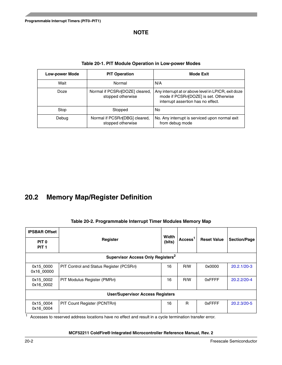 2 memory map/register definition, 2 memory map/register definition -2, Table 20-1 | Freescale Semiconductor ColdFire MCF52210 User Manual | Page 332 / 576