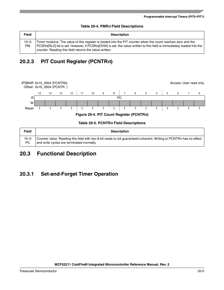 3 pit count register (pcntrn), 3 functional description, 1 set-and-forget timer operation | 3 pit count register (pcntr n, 3 functional description -5, 1 set-and-forget timer operation -5, 3 pit count register (pcntr n ) | Freescale Semiconductor ColdFire MCF52210 User Manual | Page 335 / 576