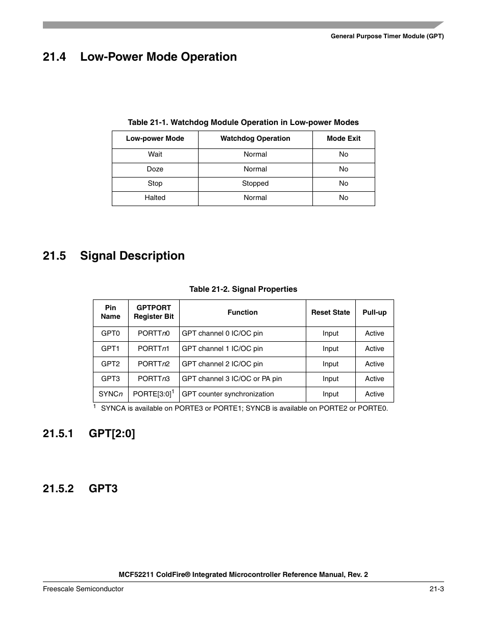 4 low-power mode operation, 5 signal description, 1 gpt[2:0 | 2 gpt3, 1 gpt[2:0] -3 21.5.2 gpt3 -3 | Freescale Semiconductor ColdFire MCF52210 User Manual | Page 341 / 576