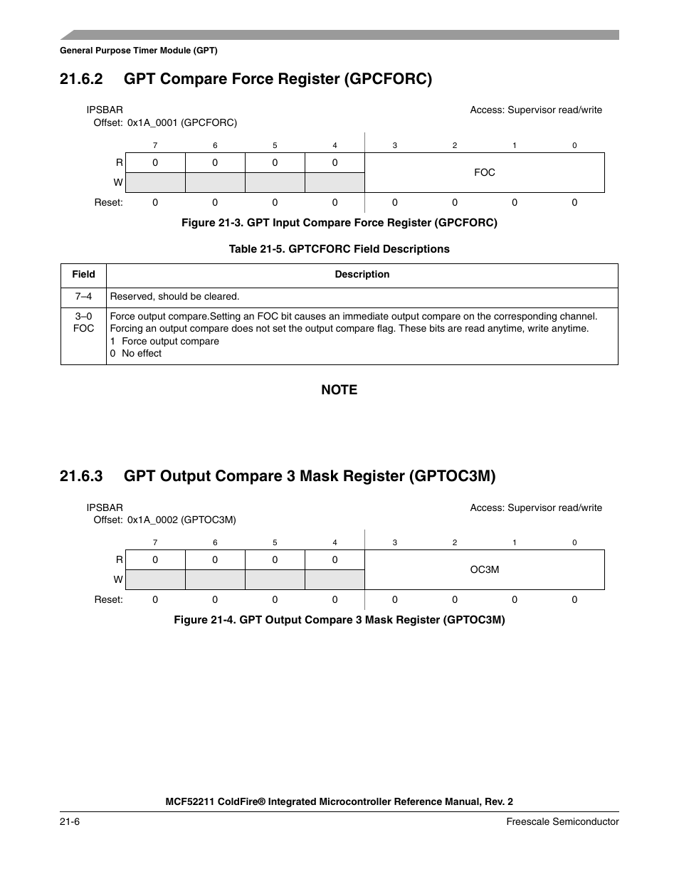 2 gpt compare force register (gpcforc), 3 gpt output compare 3 mask register (gptoc3m) | Freescale Semiconductor ColdFire MCF52210 User Manual | Page 344 / 576