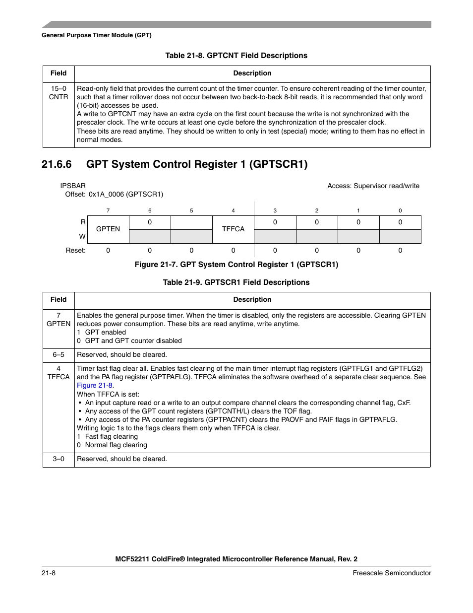 6 gpt system control register 1 (gptscr1), 6 gpt system control register 1 (gptscr1) -8 | Freescale Semiconductor ColdFire MCF52210 User Manual | Page 346 / 576