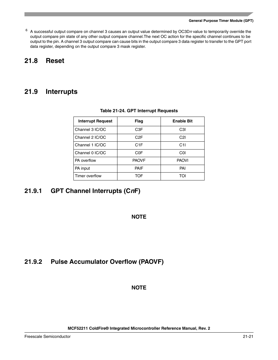 8 reset, 9 interrupts, 1 gpt channel interrupts (cnf) | 2 pulse accumulator overflow (paovf), 8 reset -21 21.9 interrupts -21, 1 gpt channel interrupts (c n f) | Freescale Semiconductor ColdFire MCF52210 User Manual | Page 359 / 576