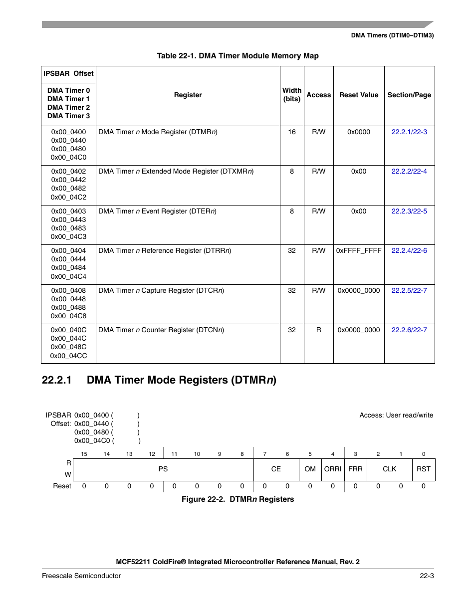 1 dma timer mode registers (dtmrn), 1 dma timer mode registers (dtmr, The timer module registers, shown in | Table 22-1, 1 dma timer mode registers (dtmr n ) | Freescale Semiconductor ColdFire MCF52210 User Manual | Page 363 / 576