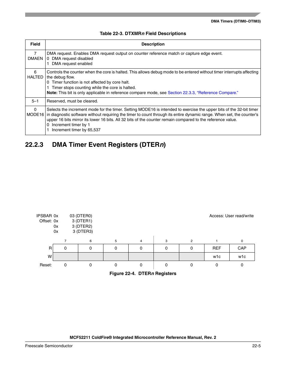 3 dma timer event registers (dtern), 3 dma timer event registers (dter, 3 dma timer event registers (dter n ) | Freescale Semiconductor ColdFire MCF52210 User Manual | Page 365 / 576