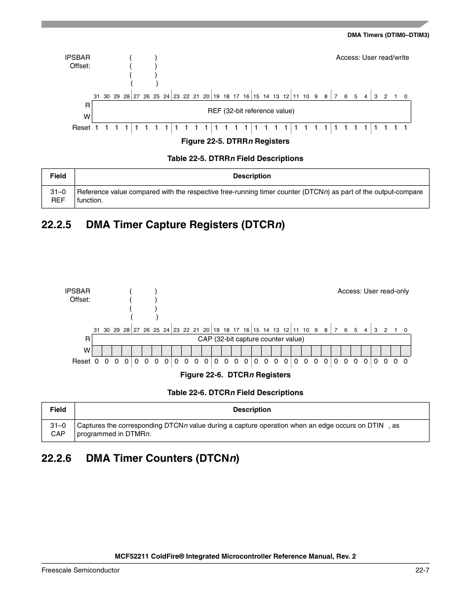 5 dma timer capture registers (dtcrn), 6 dma timer counters (dtcnn), 5 dma timer capture registers (dtcr n | 6 dma timer counters (dtcn n, 5 dma timer capture registers (dtcr n ), 6 dma timer counters (dtcn n ) | Freescale Semiconductor ColdFire MCF52210 User Manual | Page 367 / 576