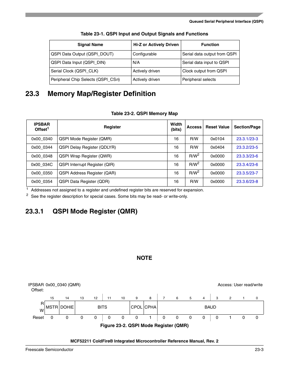 3 memory map/register definition, 1 qspi mode register (qmr), 3 memory map/register definition -3 | 1 qspi mode register (qmr) -3 | Freescale Semiconductor ColdFire MCF52210 User Manual | Page 373 / 576