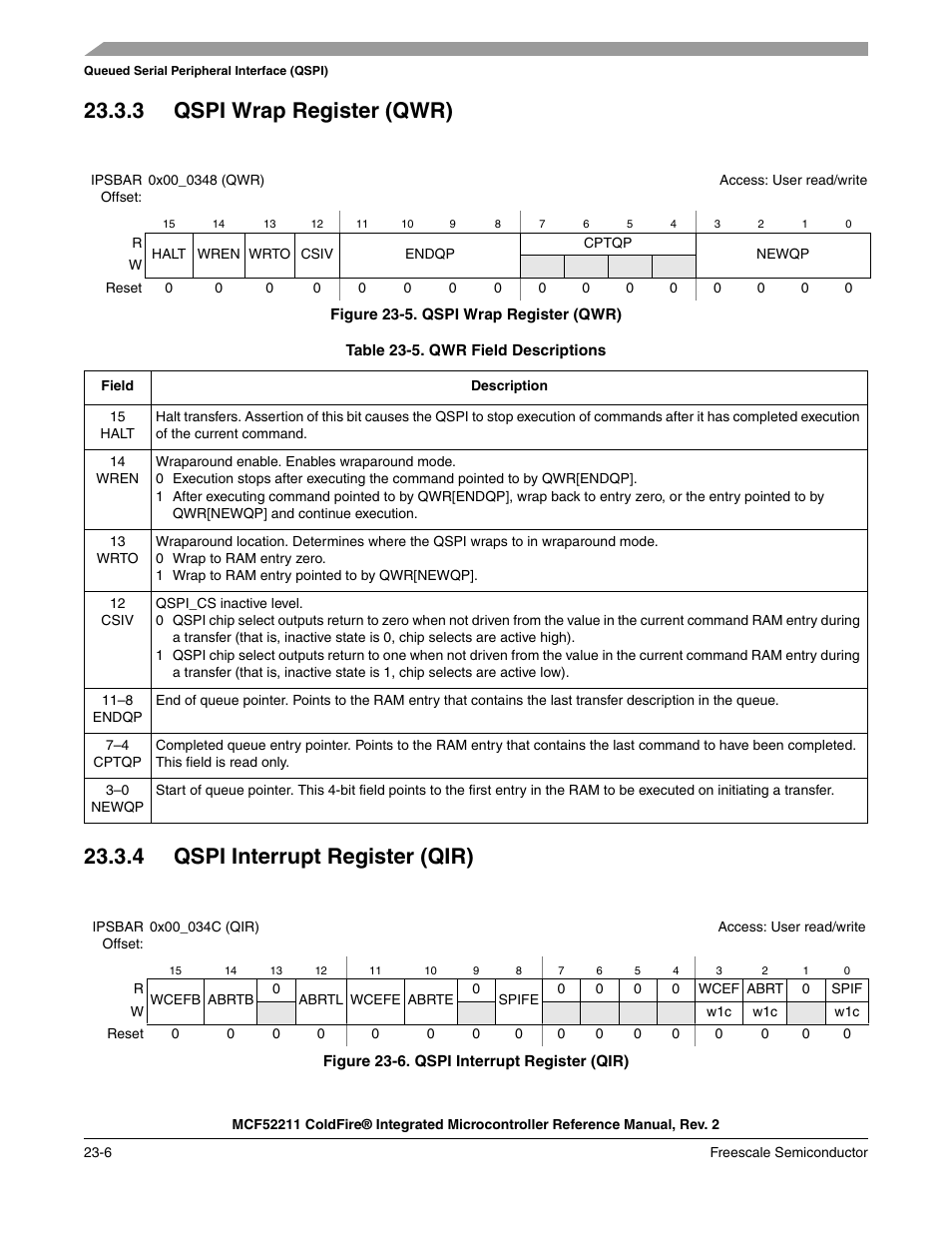 3 qspi wrap register (qwr), 4 qspi interrupt register (qir) | Freescale Semiconductor ColdFire MCF52210 User Manual | Page 376 / 576