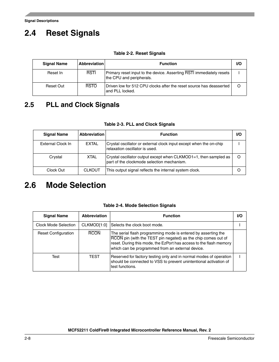 4 reset signals, 5 pll and clock signals, 6 mode selection | Reset signals -8, Pll and clock signals -8, Mode selection -8 | Freescale Semiconductor ColdFire MCF52210 User Manual | Page 38 / 576