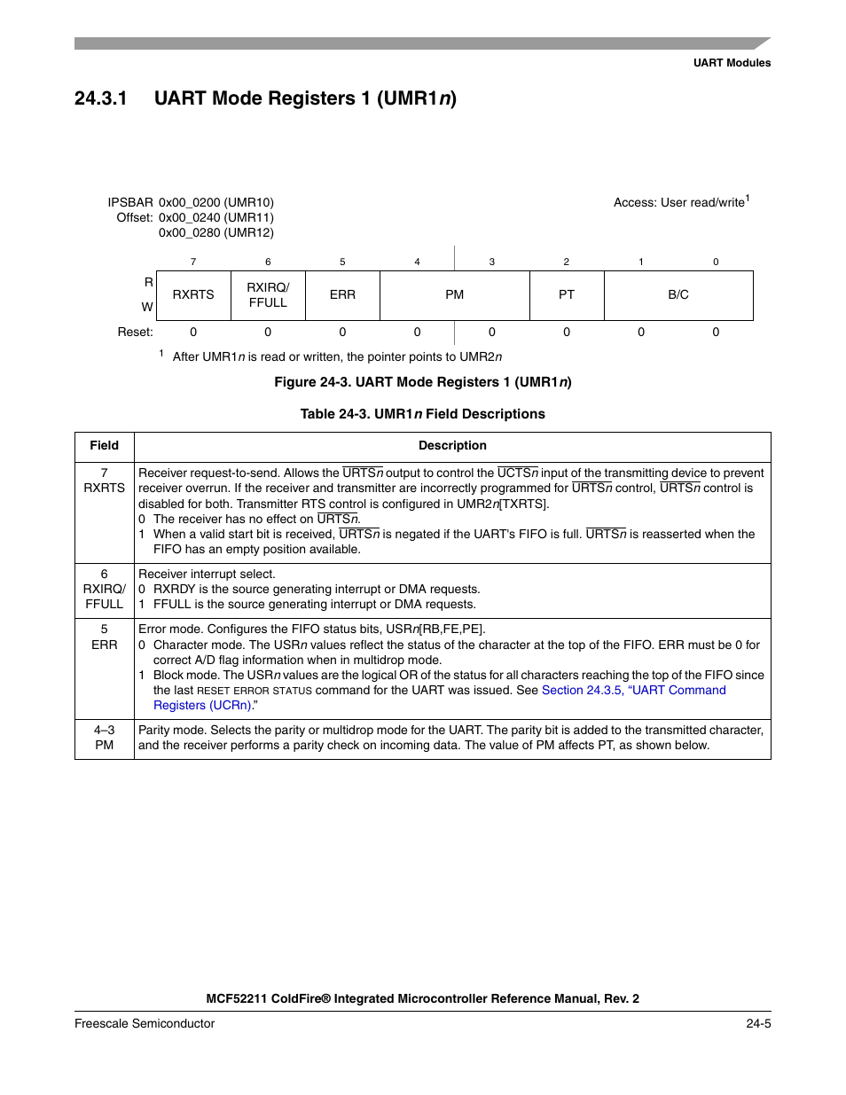 1 uart mode registers 1 (umr1n), 1 uart mode registers 1 (umr1 n, 1 uart mode registers 1 (umr1 n ) | Freescale Semiconductor ColdFire MCF52210 User Manual | Page 391 / 576