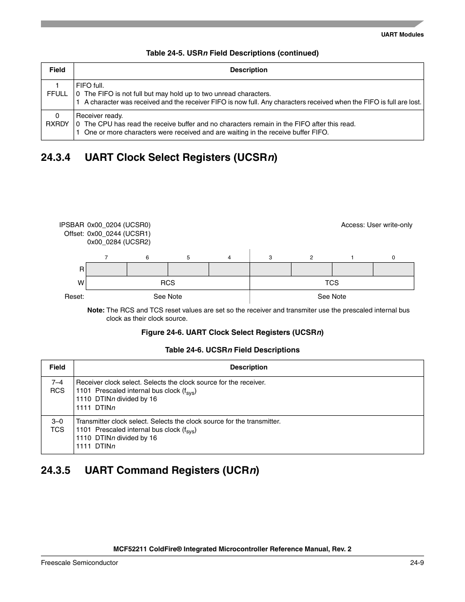 4 uart clock select registers (ucsrn), 5 uart command registers (ucrn), 4 uart clock select registers (ucsr n | 5 uart command registers (ucr, Section 24.3.5, “uart command, Registers (ucrn), 4 uart clock select registers (ucsr n ), 5 uart command registers (ucr n ) | Freescale Semiconductor ColdFire MCF52210 User Manual | Page 395 / 576