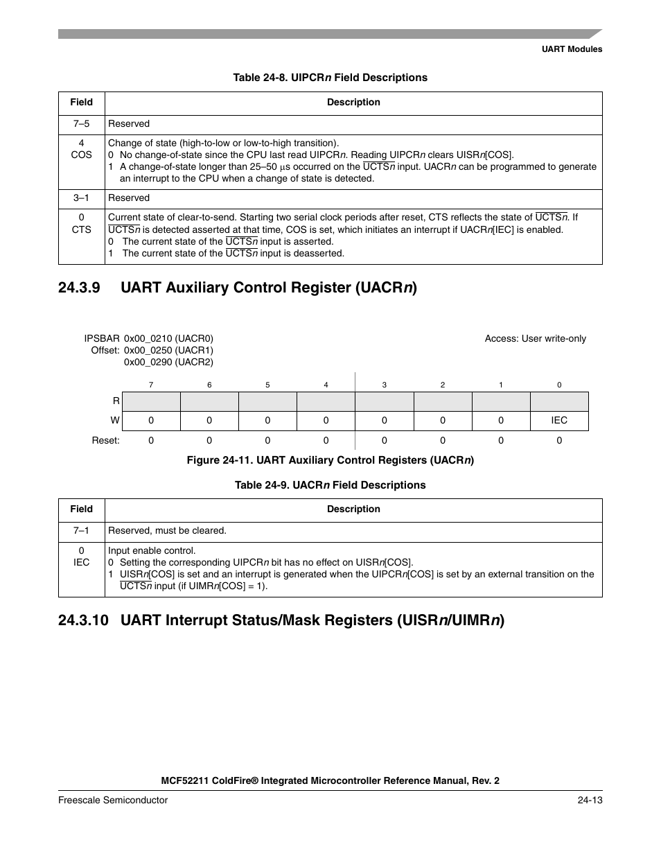 9 uart auxiliary control register (uacrn), 9 uart auxiliary control register (uacr, 10uart interrupt status/mask registers (uisr n | 9 uart auxiliary control register (uacr n ), The uacrs control the input enable | Freescale Semiconductor ColdFire MCF52210 User Manual | Page 399 / 576