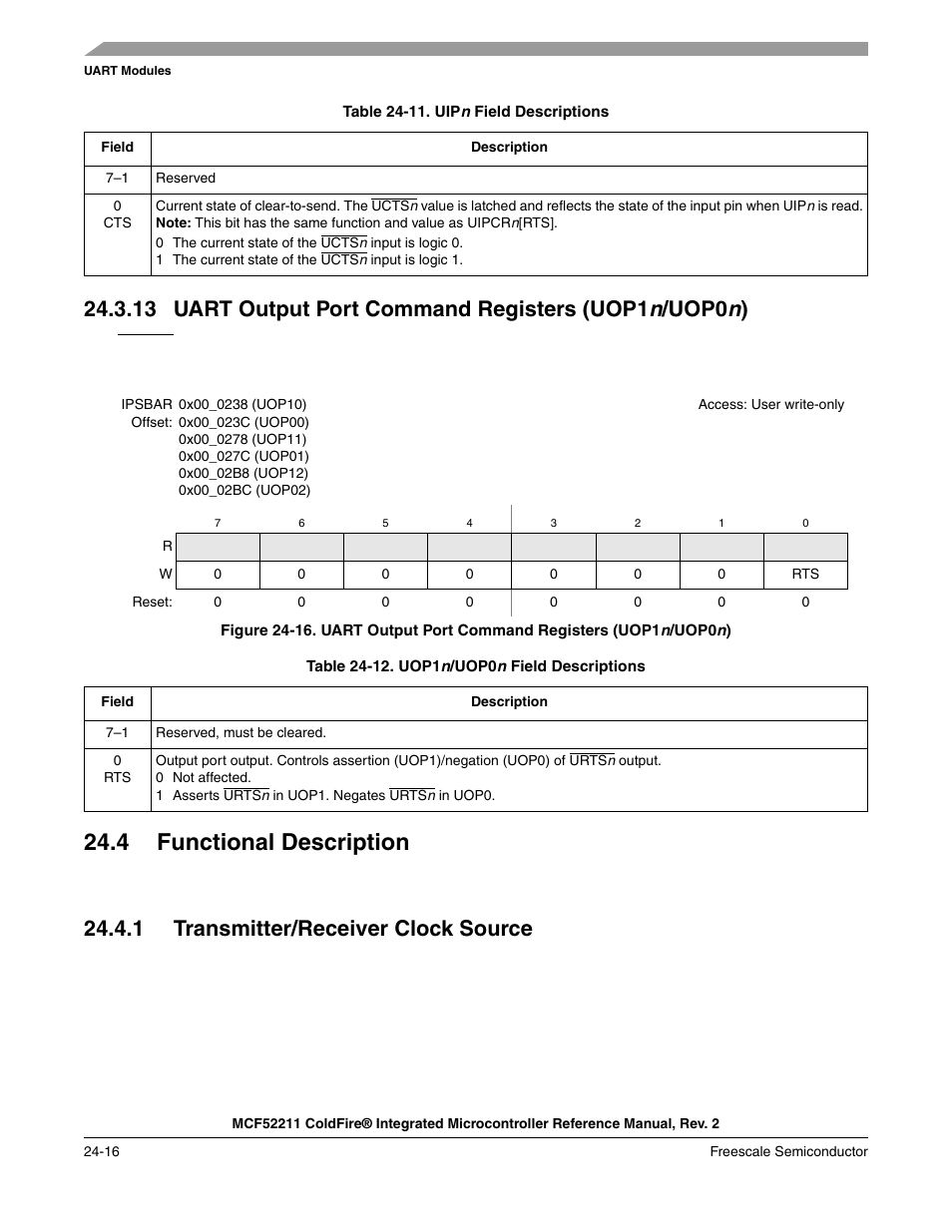 4 functional description, 1 transmitter/receiver clock source, 13uart output port command registers (uop1 | 4 functional description -16, 1 transmitter/receiver clock source -16, Section 24.4.1, “transmitter/receiver, Clock source, The tran | Freescale Semiconductor ColdFire MCF52210 User Manual | Page 402 / 576