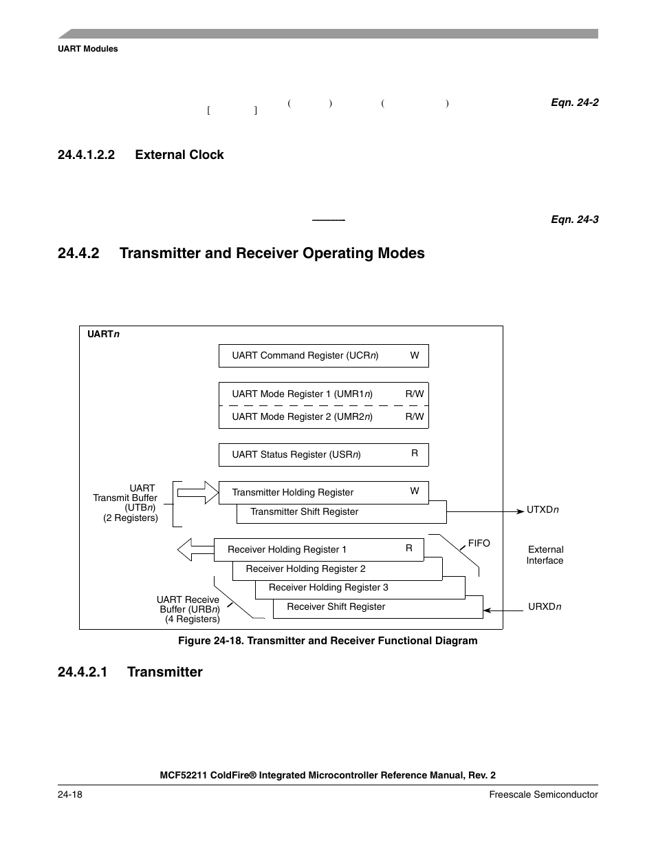 2 transmitter and receiver operating modes, 2 transmitter and receiver operating modes -18, Section 24.4.2.1, “transmitter | Fields and commands. examples in, Section 24.4.2, “transmitter and receiver, Operating modes, 1 transmitter | Freescale Semiconductor ColdFire MCF52210 User Manual | Page 404 / 576