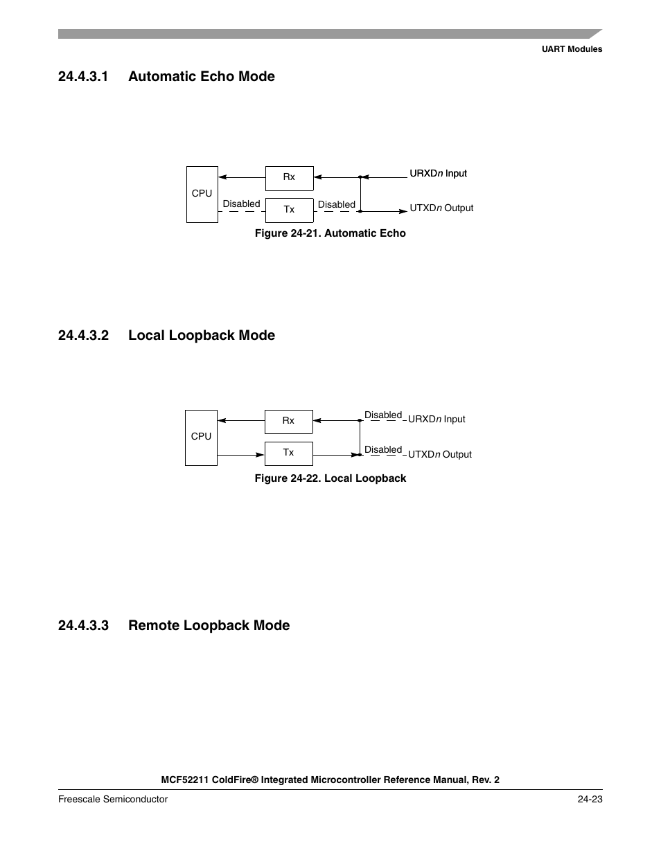 1 automatic echo mode, 2 local loopback mode, 3 remote loopback mode | Freescale Semiconductor ColdFire MCF52210 User Manual | Page 409 / 576
