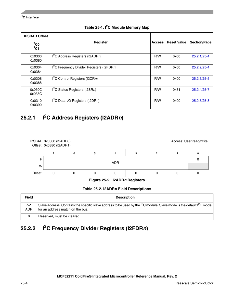 1 i2c address registers (i2adrn), 2 i2c frequency divider registers (i2fdrn), C address registers (i2adr n ) | C frequency divider registers (i2fdr n ), The i2adr n hold the address the i, C clock for bit-rate selection | Freescale Semiconductor ColdFire MCF52210 User Manual | Page 424 / 576