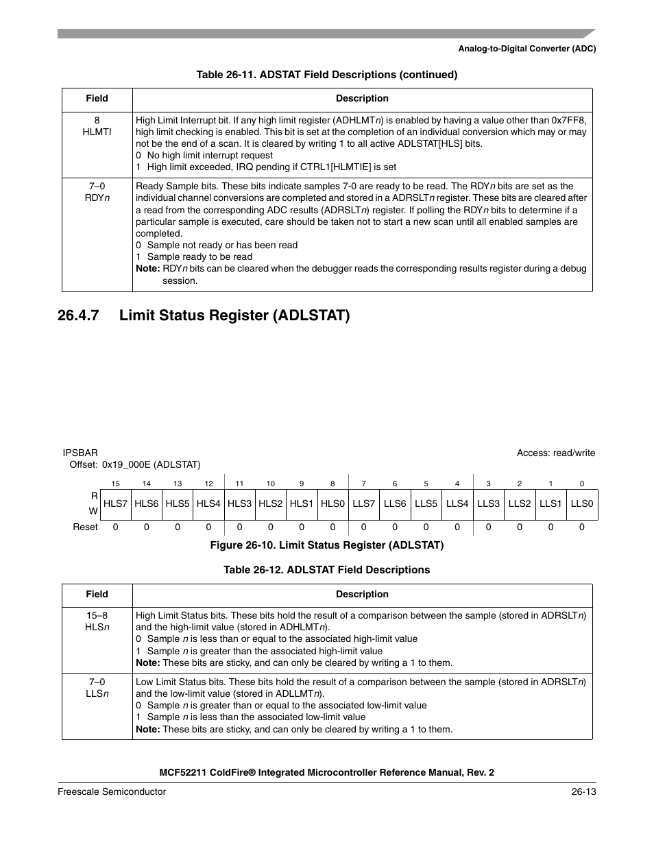7 limit status register (adlstat), 7 limit status register (adlstat) -13 | Freescale Semiconductor ColdFire MCF52210 User Manual | Page 449 / 576