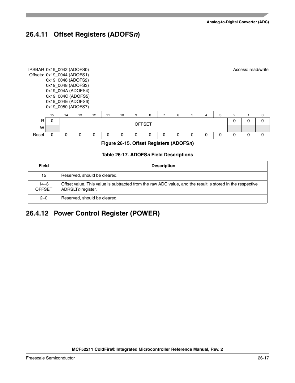 11 offset registers (adofsn), 12 power control register (power), 11offset registers (adofs | 12power control register (power) -17, 11 offset registers (adofs n ) | Freescale Semiconductor ColdFire MCF52210 User Manual | Page 453 / 576