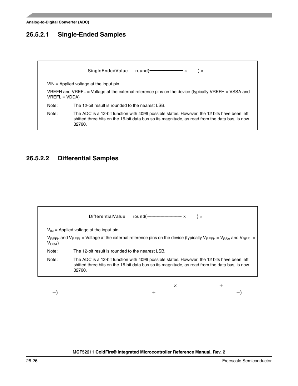 Section 26.5.2.1, “single-ended samples, Section 26.5.2.2, Differential samples | 1 single-ended samples, 2 differential samples | Freescale Semiconductor ColdFire MCF52210 User Manual | Page 462 / 576