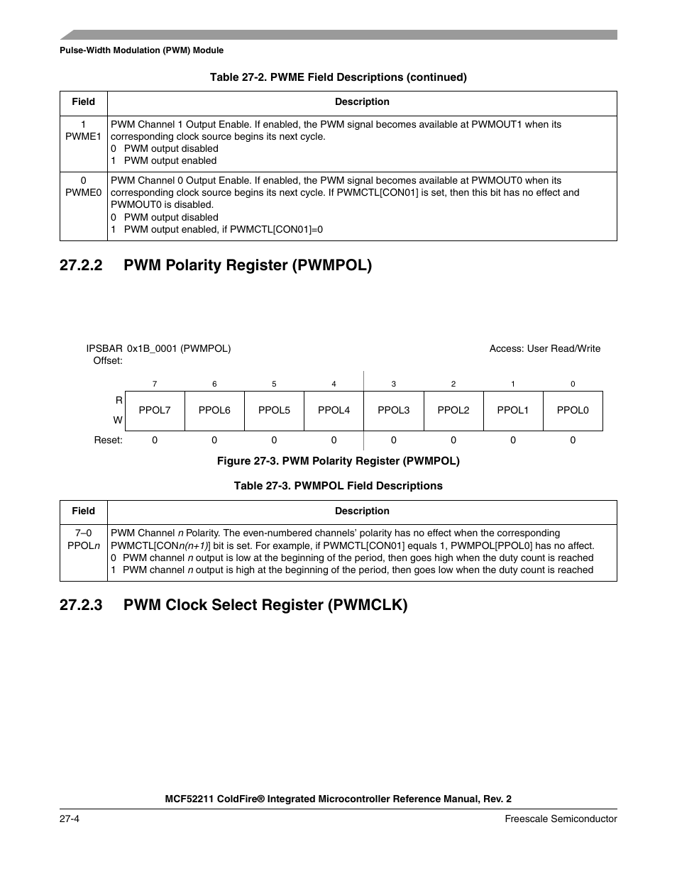 2 pwm polarity register (pwmpol), 3 pwm clock select register (pwmclk) | Freescale Semiconductor ColdFire MCF52210 User Manual | Page 478 / 576