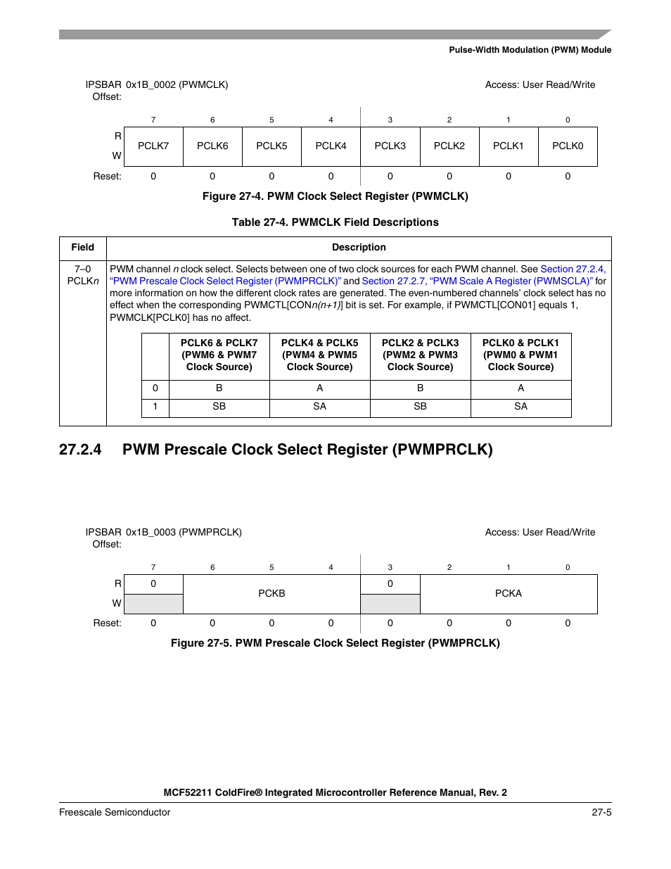 4 pwm prescale clock select register (pwmprclk), 4 pwm prescale clock select register (pwmprclk) -5 | Freescale Semiconductor ColdFire MCF52210 User Manual | Page 479 / 576
