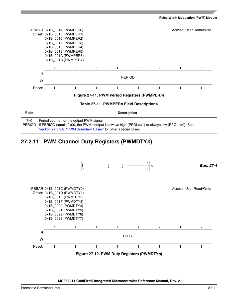 11 pwm channel duty registers (pwmdtyn), 11pwm channel duty registers (pwmdtyn) -11, 11 pwm channel duty registers (pwmdty n ) | Freescale Semiconductor ColdFire MCF52210 User Manual | Page 485 / 576