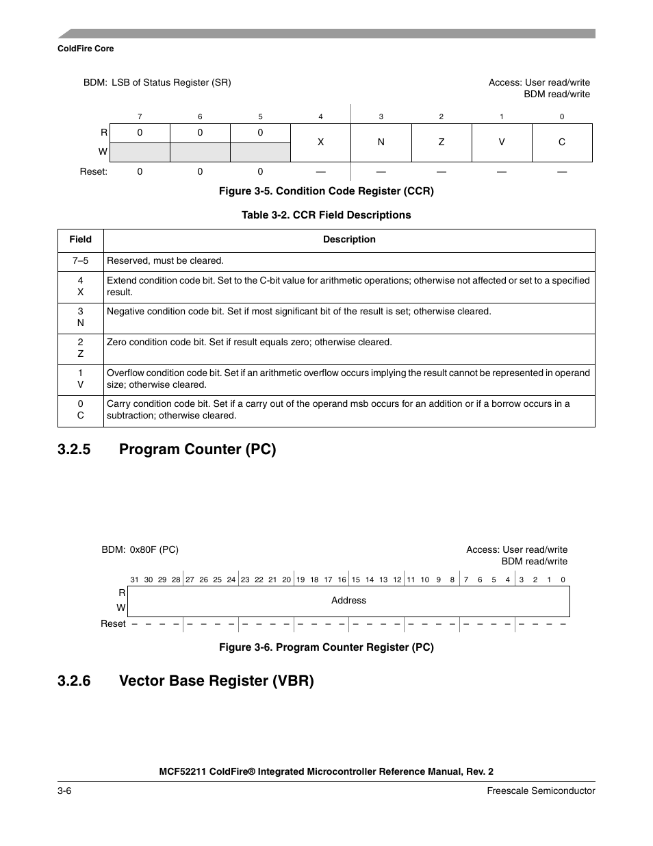 5 program counter (pc), 6 vector base register (vbr), Program counter (pc) -6 | Vector base register (vbr) -6 | Freescale Semiconductor ColdFire MCF52210 User Manual | Page 50 / 576