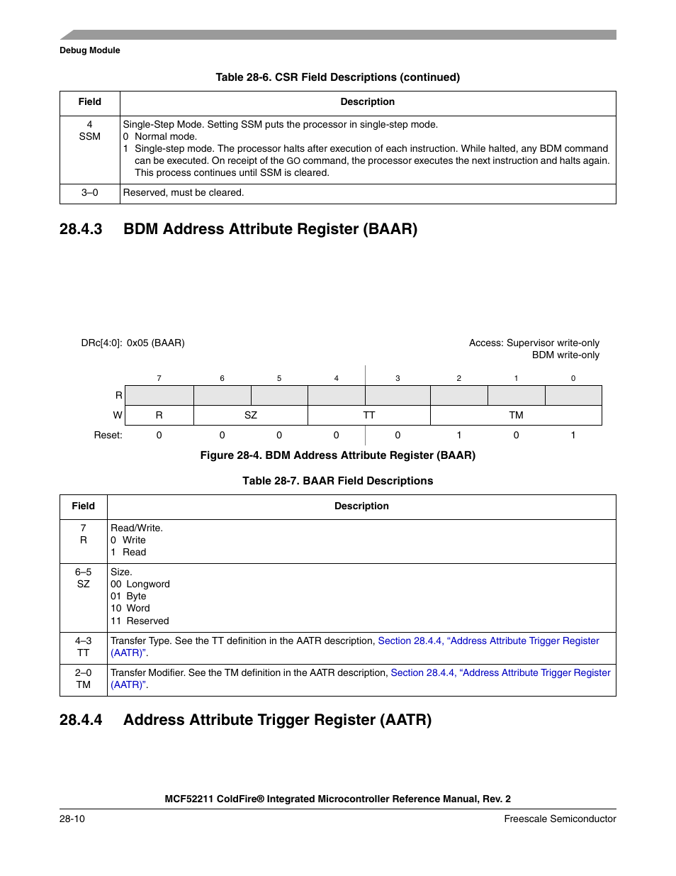 3 bdm address attribute register (baar), 4 address attribute trigger register (aatr) | Freescale Semiconductor ColdFire MCF52210 User Manual | Page 506 / 576