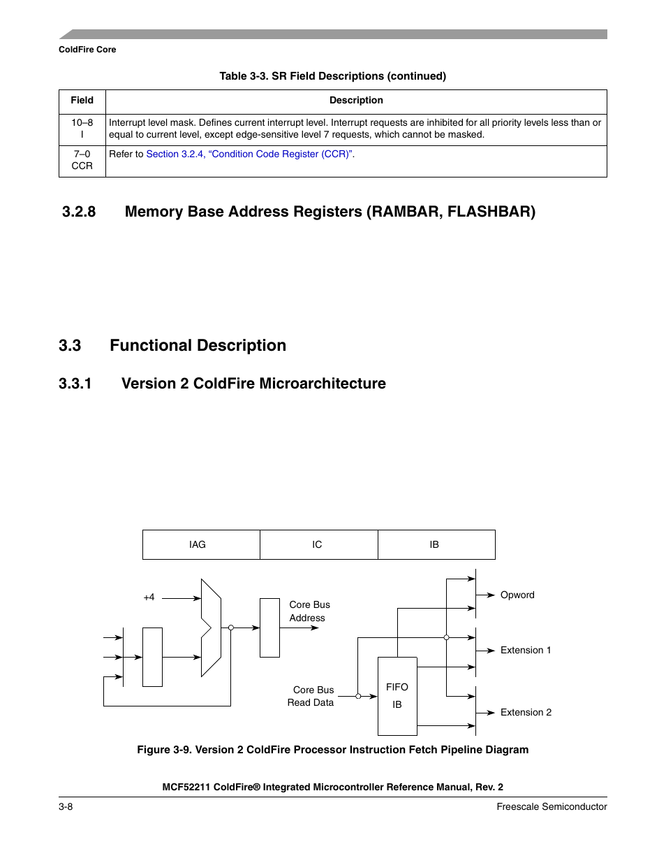 8 memory base address registers (rambar, flashbar), 3 functional description, 1 version 2 coldfire microarchitecture | Functional description -8, Version 2 coldfire microarchitecture -8 | Freescale Semiconductor ColdFire MCF52210 User Manual | Page 52 / 576