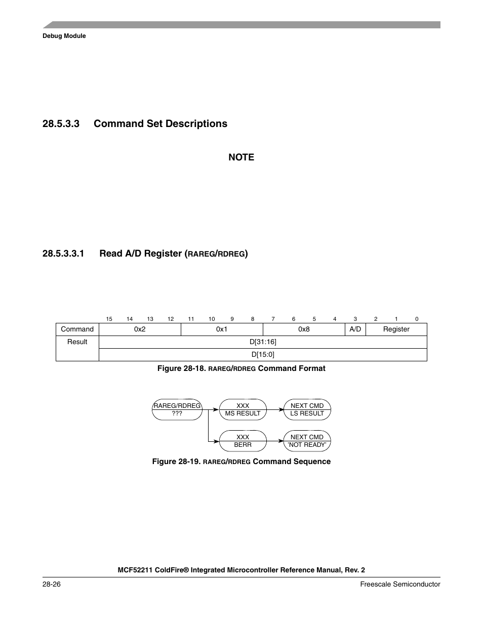 Section 28.5.3.3, “command set descriptions, Command using values shown in, Section 28.5.3.3, “command | Set descriptions, 3 command set descriptions | Freescale Semiconductor ColdFire MCF52210 User Manual | Page 522 / 576