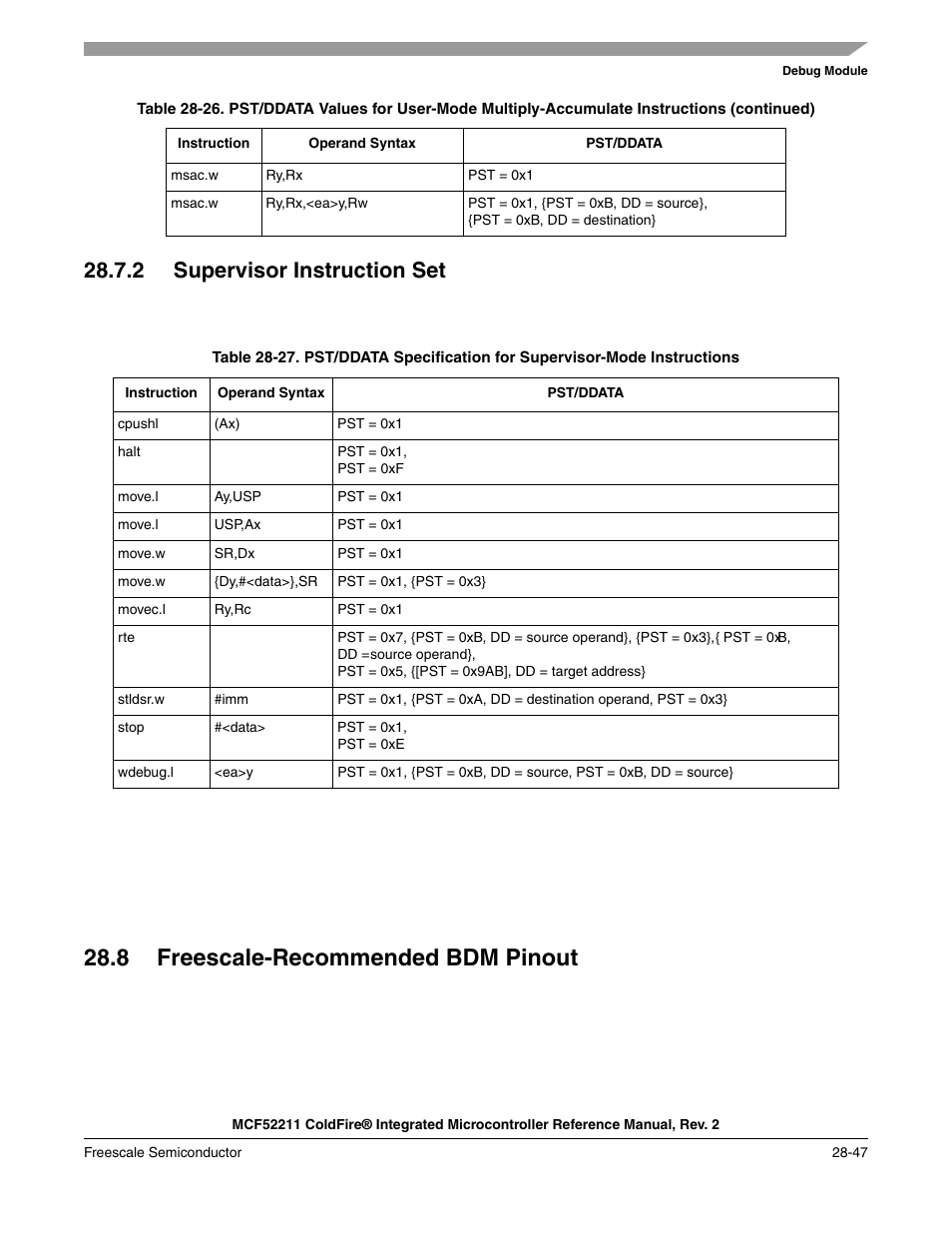 2 supervisor instruction set, 8 freescale-recommended bdm pinout, 2 supervisor instruction set -47 | 8 freescale-recommended bdm pinout -47, Section 28.8, “freescale-recommended bdm pinout | Freescale Semiconductor ColdFire MCF52210 User Manual | Page 543 / 576