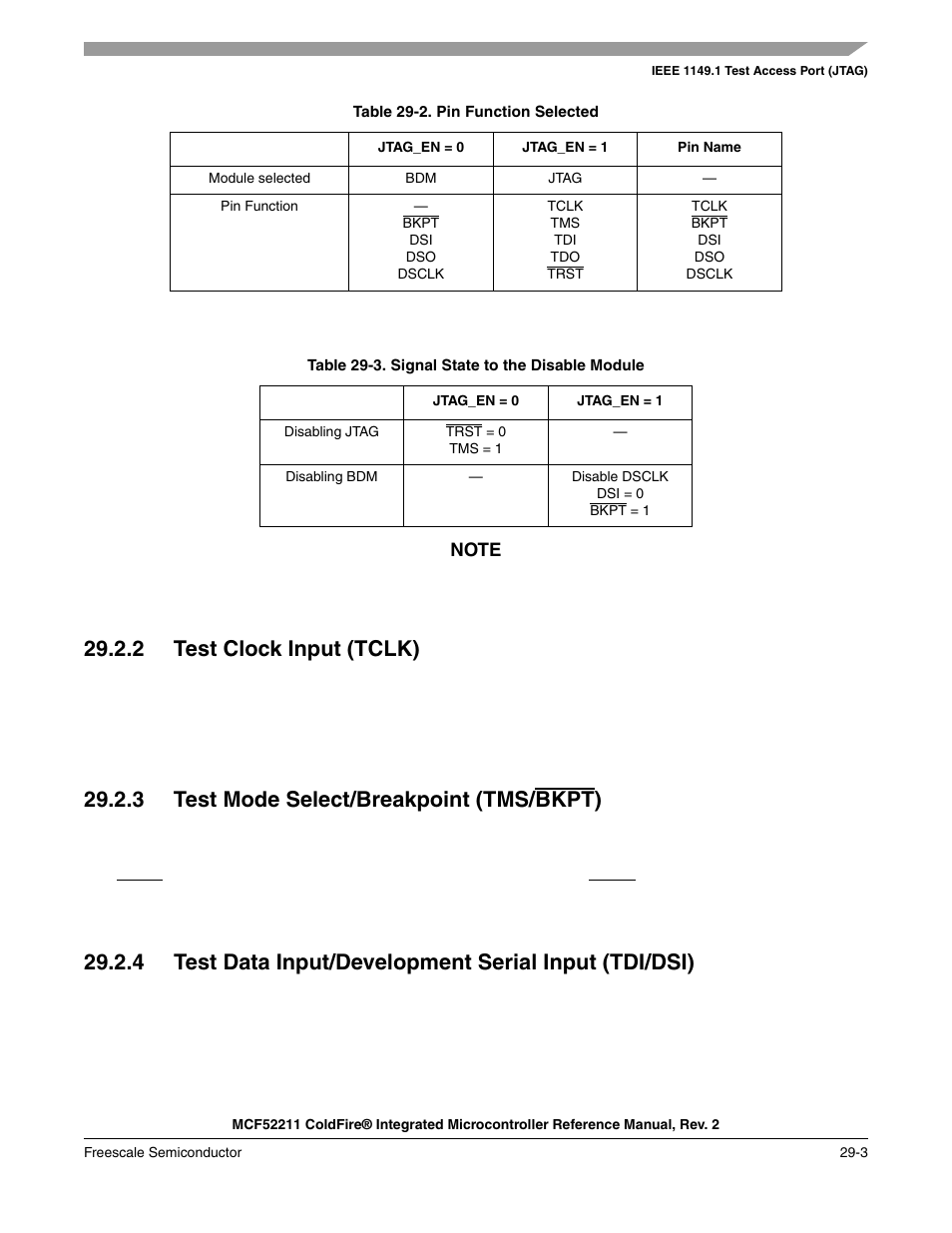 2 test clock input (tclk), 3 test mode select/breakpoint (tms/bkpt), Ag is selected | Table 29-2, Summarizes the pin func | Freescale Semiconductor ColdFire MCF52210 User Manual | Page 547 / 576