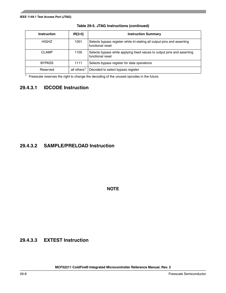 1 idcode instruction, 2 sample/preload instruction, 3 extest instruction | Freescale Semiconductor ColdFire MCF52210 User Manual | Page 552 / 576