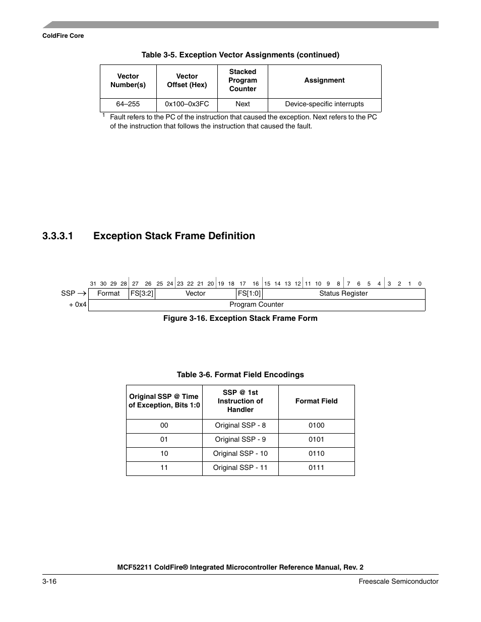 Figure 3-16, 1 exception stack frame definition | Freescale Semiconductor ColdFire MCF52210 User Manual | Page 60 / 576