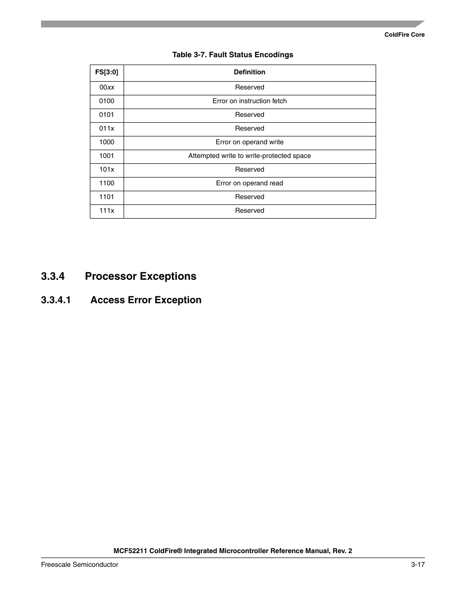 4 processor exceptions, Processor exceptions -17, Section 3.3.4.1 | Access error exception, Table 3-7, 1 access error exception | Freescale Semiconductor ColdFire MCF52210 User Manual | Page 61 / 576