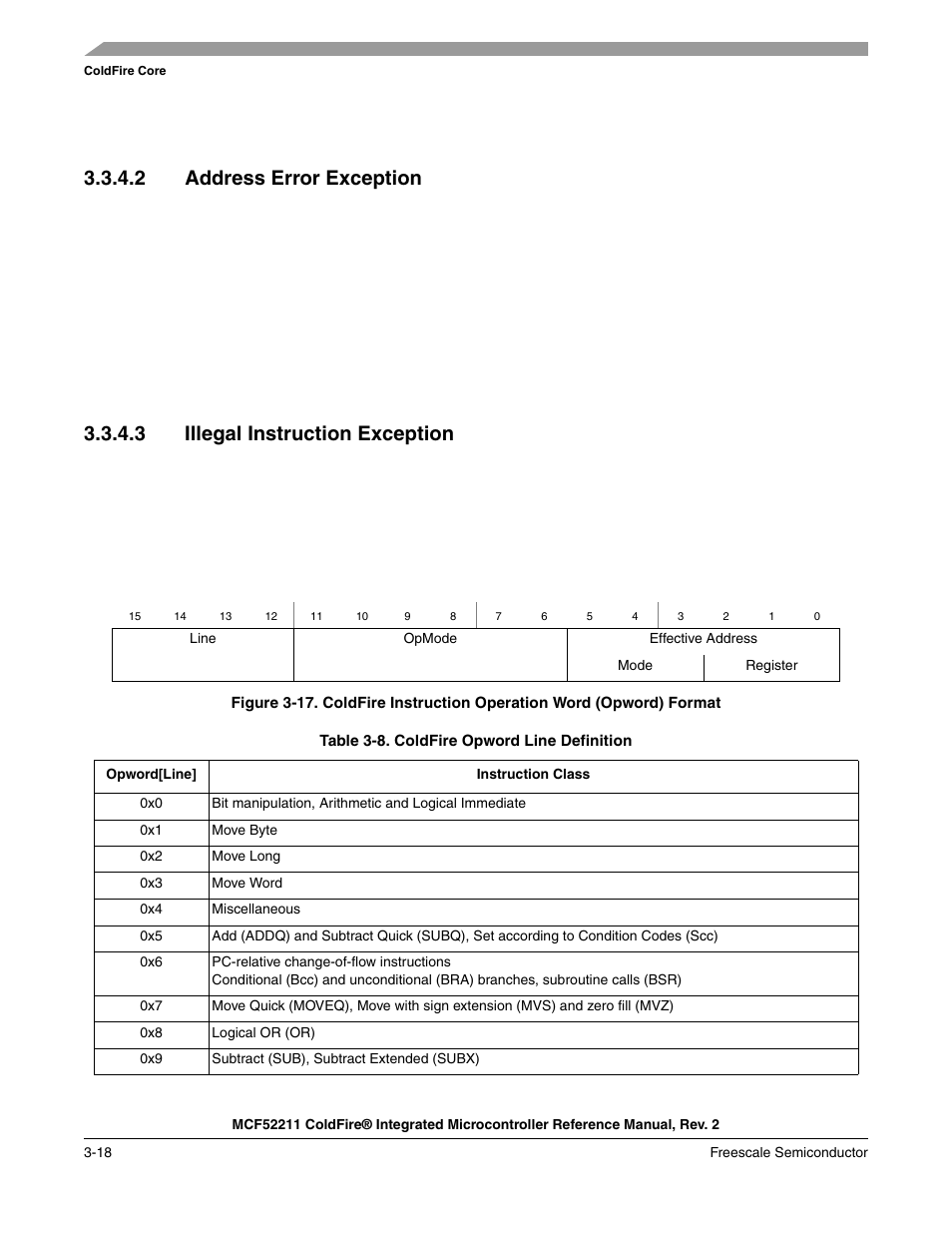 2 address error exception, 3 illegal instruction exception | Freescale Semiconductor ColdFire MCF52210 User Manual | Page 62 / 576