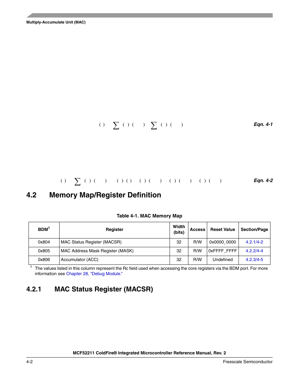 2 memory map/register definition, 1 mac status register (macsr), Memory map/register definition -2 | Mac status register (macsr) -2 | Freescale Semiconductor ColdFire MCF52210 User Manual | Page 78 / 576