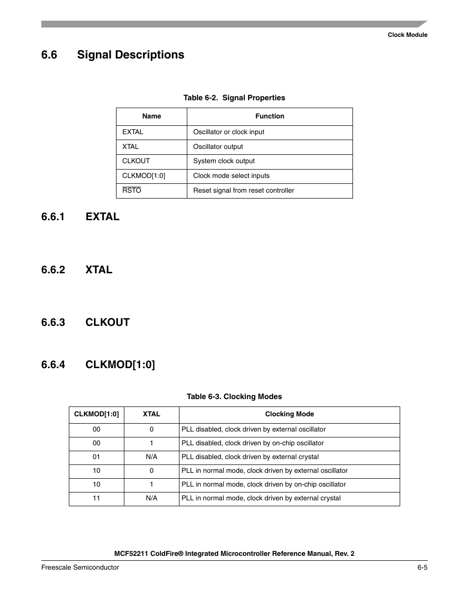 6 signal descriptions, 1 extal, 2 xtal | 3 clkout, 4 clkmod[1:0, Signal descriptions -5, Extal -5, Xtal -5, Clkout -5, Clkmod[1:0] -5 | Freescale Semiconductor ColdFire MCF52210 User Manual | Page 99 / 576